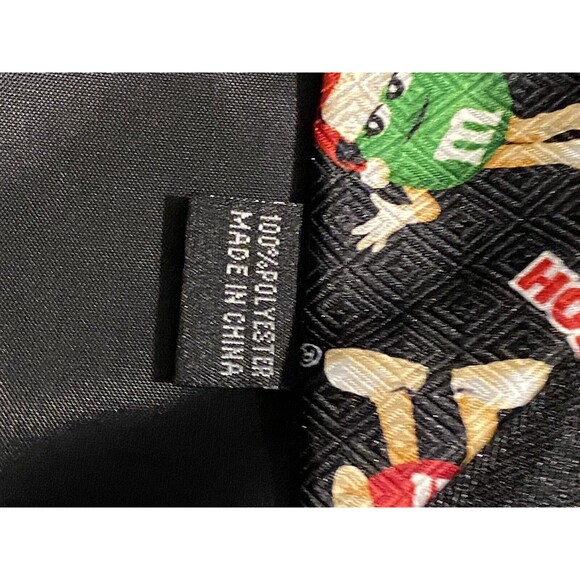 M&M Happy Holiday Christmas Tie Black with M&M's wearing santa hats - Picture 4 of 5